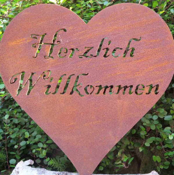 Aufsteller Herz Rost-Optik - 29x26 Cm, Mit Schriftzug „Willkommen“, Aus Eisen, Für Garten, Hausflur Oder Als Geschenk